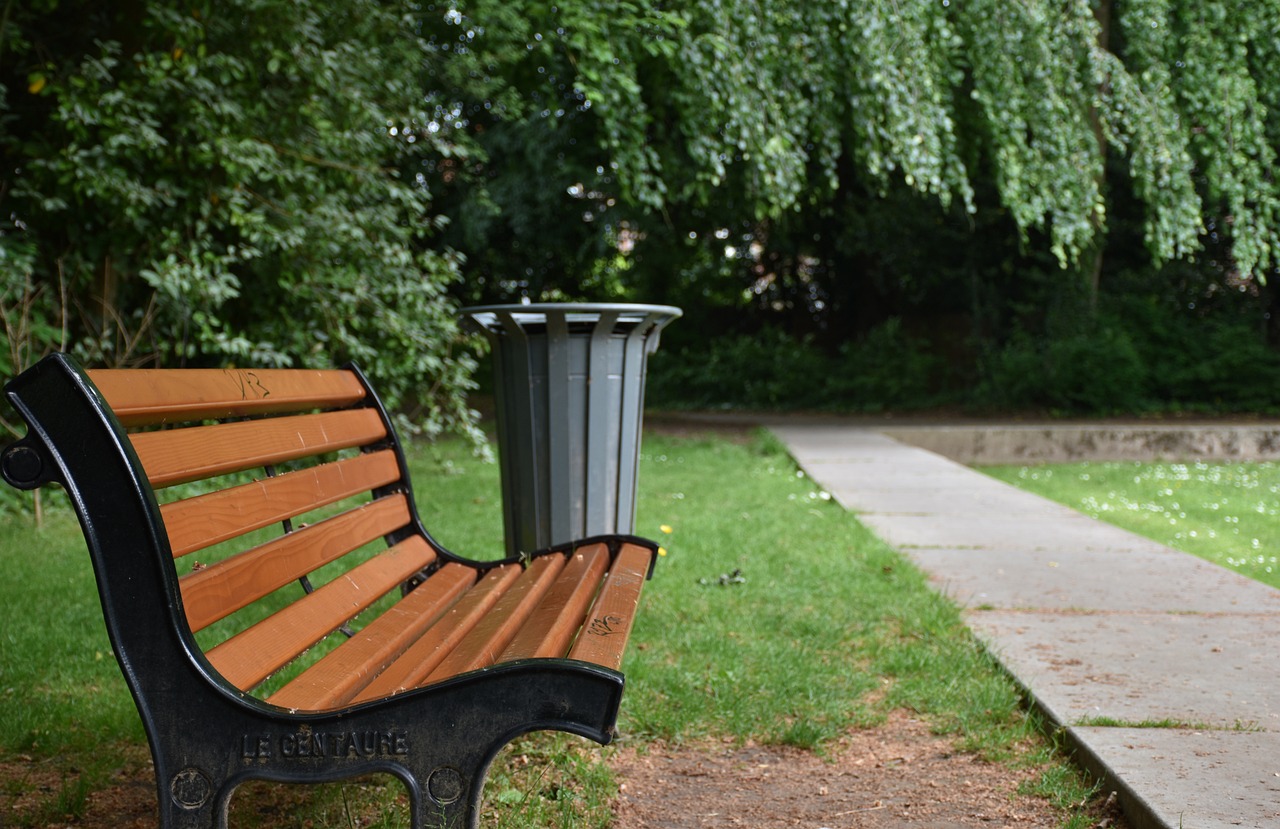 bench in a park with garbage bin